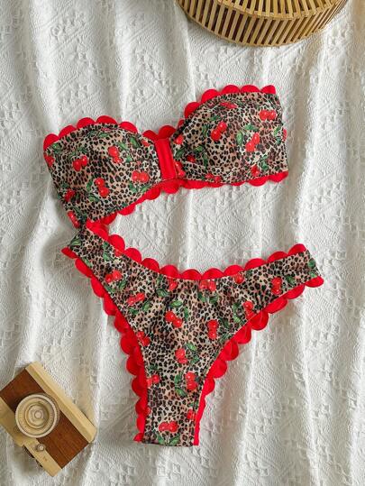Swim Mod 2025 New Women 2Pcs/Set Random Cherry Floral Ruffle Bandeau Bikini Set, Sexy Beach Vacation Swimwear Set For Summer
