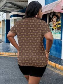 Slaydiva 2pcs/Set Plus Size Floral Cartoon Bear & Geometric Print Summer Outfit - Multicolor - View 2