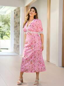 KURAYIA Plus Size Pink Ditsy Floral Lace Trim Casual Dress - Pink - View 5
