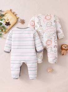 2pcs Newborn Baby Animal & Stripe Print Long Sleeve Footed Romper Pajama Set