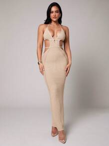 Silquee Cover Ups Black Crochet Sexy Deep V-Neck Hollow Slit Spring And Summer Holiday Clothes Mid-Length Women's Dress - Khaki - View 5