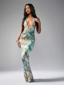 MISSGUIDED 设计师水彩印花跳领帝国腰围马克西礼服地板长度夏季婚礼客人特殊场合晚装派对度假礼服 - 彩色 - 查看 3