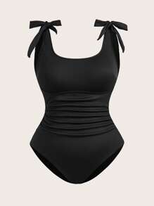 SHEIN Jednoczęściowy kostium kąpielowy w dużym rozmiarze w jednolitym kolorze z sarongiem z szyfonu z nadrukiem ombre i spódnicą