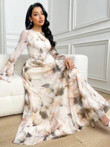 Veilorie Women's Tie-Dye Print Round Neck Long Sleeve Elegant Extra Long Dress Dresses For Women Elegant Women Formal