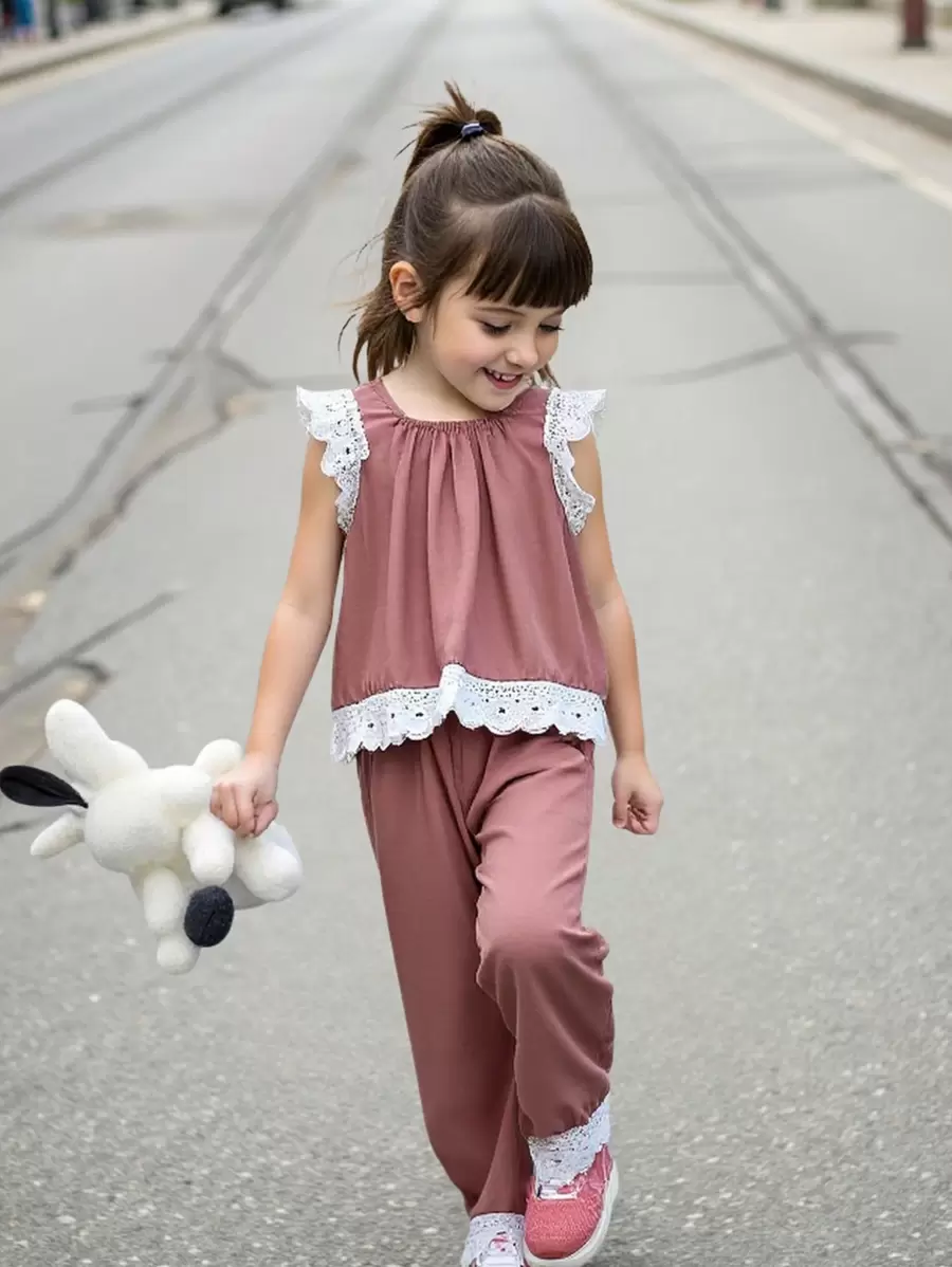 Young Girl Summer Casual Color Block Tank Top And Pants 2 Pieces Set - Pink - View 1