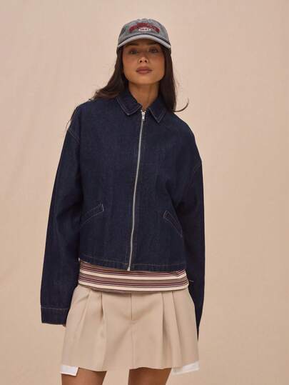 MUSERA Boxy Fit Collared Zip Up Long Sleeve Denim Jacket Spring Summer Streetwear The Book Shop Concert Festival Streetwear Back To School Work Office Fall Autumn Winter Casual Office Work   Chic