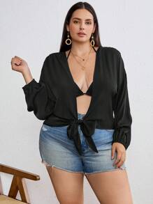 SHEIN Tall CURVE 大码女式纯色长袖上衣，简约时尚，适合夏季 - 黑色 - 查看 6