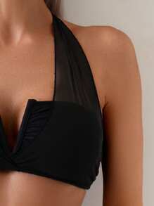 SHEIN Swim Women's Black Tube Top Mesh Halter Swimwear With High Waist Ruffle Pants Set - Black - View 5