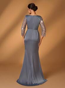 Serin Váy đuôi cá dài tay bằng vải satin xếp nếp lưới đính hạt 3D, sequin và ren sang trọng thanh lịch, thích hợp cho đám cưới, tiệc độc thân, ngày lễ, vũ hội, váy dạ hội cho mẹ cô dâu - Màu xám đen - Xem 3