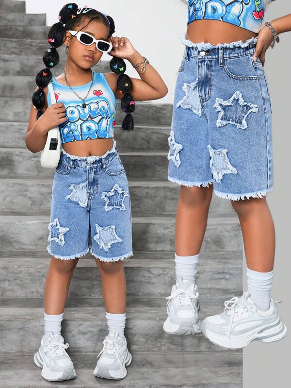 SHEIN Short vaquero con adorno de estrellas y flecos en el bajo para niña preadolescente