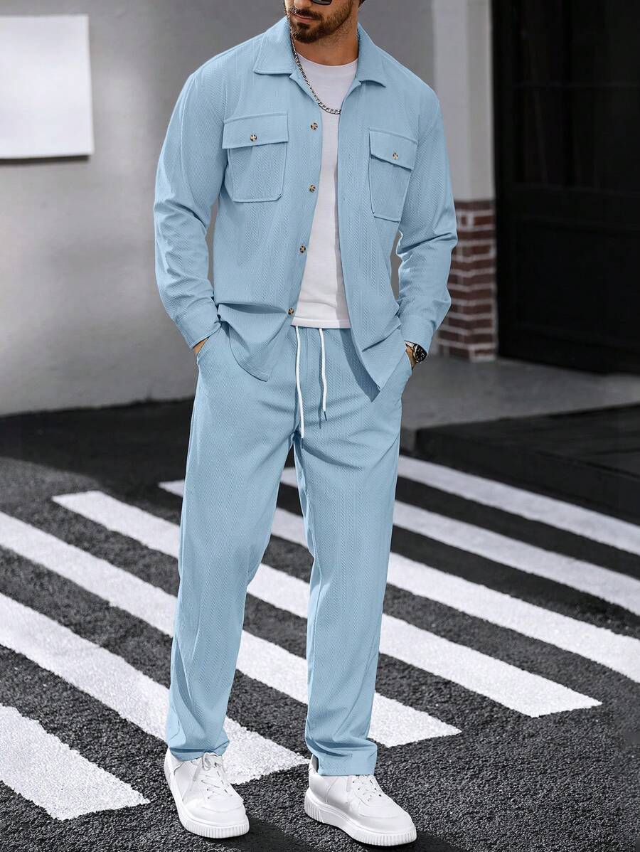 Manfinity CasualCool 2pcs Set Men's Corduroy Long Sleeve Work Shirt Jackpot Sumwon Streetwear - Baby Blue - View 1