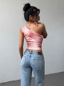 Aloruh Women's Elegant Sexy Tie Dye Print Mesh Fitted Ruched Tie Knot Cropped Top, Y2K Style Sleeveless Blouse - Baby Pink - View 2