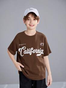 SHEIN Tween Boy Loose Fit Casual Sport Round Neck Pattern Short Sleeve T-Shirt - Brown - View 6