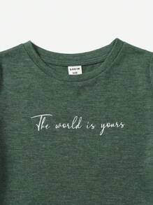 SHEIN Young Boy Slogan Sleeve Tee & Drawstring Track Shorts - Dark Green - View 3