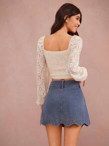 WESTFADE Spring High Waist Button Front Cute Scalloped Western Denim A Line Mini Skirt, Summer Beach Vacation Brunch - Medium Wash - View 4