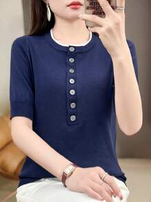 SHEIN LUNE Top de punto informal con decoración de botones lisos, estilo coreano - azul real - Ver 3