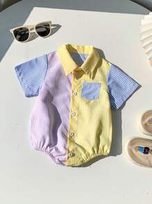 Souflis Souflis Mono de bebé recién nacido con cuello apropiado para 3-6 meses, diseño de bloques de color a rayas rosa, amarillo y azul, diseño general fresco y lindo, apropiado para que el bebé lo use en exteriores en verano