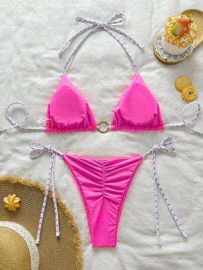 SHEIN Swim 2pcs Women Polka Dot Printed Metallic Decor Tied Crop Top & Pleated Pants Casual Vacation Bikini Set For Summer