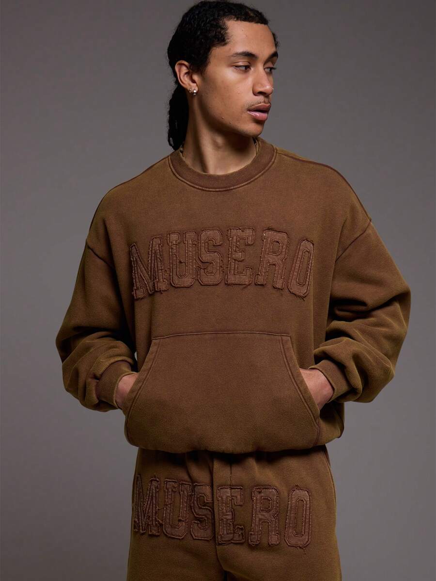 Jersey Raised 'Musero' 做旧 Logo 圆领带口袋运动服上衣（仅限上衣） - 咖啡棕 - 查看 1