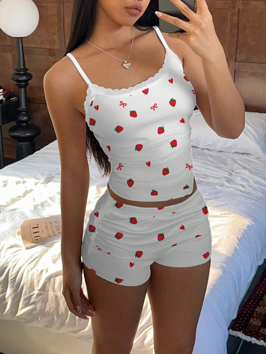 SHEIN Essnce Bộ 2 áo yếm ren nơ dâu tây và quần short xếp nếp, phù hợp cho phụ nữ mùa hè - trắng - Xem 1