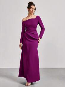Coutiva Women Asymmetrical Neck Formal Evening Gown, Wedding Guest Dress, Women Formal Dress, Prom Dress, Women Long Sleeve Dress, Party Dress - Purple - View 3