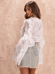 SHEIN BAE Spring/Summer Solid White Long Sleeve Tie-Front Ruffle Trim Lace Overlay Women Blouse, Holiday Shirt, Ruffle Blouse - White - View 2