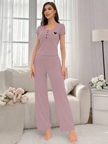 Snug Zone Women's Heart Print Short Sleeve Top And Pants Pajama Set Outfit - Dusty Pink - View 6
