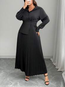 Celure Plus Size Zwarte Gerimpelde Taille Uitlopende Zoom Shirtjurk
