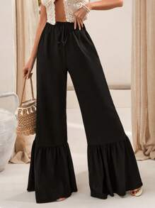 EURMUSE Elastic-Waist Black Flared Pants With Adjustable Drawstring And Tiered Ruffle Hem Detailing" - Black - View 5
