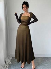 Firerie Sukienka damska z długim rękawem i falbaną w talii, w kolorze czerwonym i czarnym, z kwadratowym dekoltem, odpowiednia na wiosnę, lato, jesień, na co dzień, dojazdy do pracy, wakacje, przyjęcie herbaciane, wesele