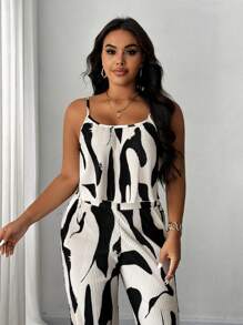 Celure 2pcs/Set Plus Size Women's Black & White Pleated Camisole Top And Casual Pants