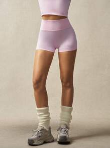 VARSITIE High Waist Silver Foil Print Form-Fitting Mini Sports Shorts - Pink - View 6
