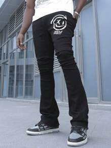 Manfinity EMRG Men's White Washed Denim Loose Gothic Letter Printed Flared Pants, Street Style