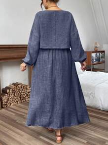 Linhara 大码度假休闲纯色灯笼袖衬衫和裙子两件套 - 藏蓝色 - 查看 2