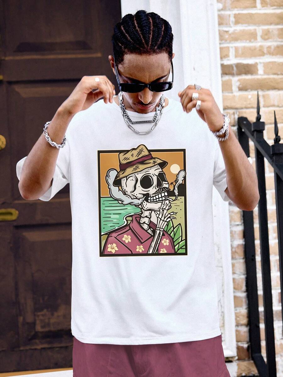 Manfinity Dauomo Camiseta De Cuello Redondo Y Hombros Caídos De Cráneo Para Hombre, Estampado Y Sobredimensionado Para Vacaciones - Blanco - Ver 1