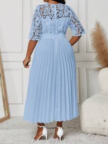 Fleurora Plus Size Holiday Casual Solid Color Lace Splice Empire Waist Pleated Hem Summer Dress Fall Women Clothes Fall Women Dresses Valentine Day Valentines Clothes Valentine Day Dress Valentines Dress Festival Outfits For Women Valentine Day Outfit Women