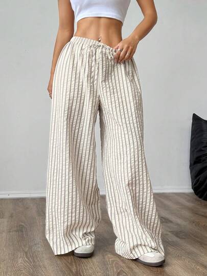 SHEIN PETITE CURVE 大码女式系带条纹阔腿宽松裤，春季款，优雅高腰，休闲宽松裤