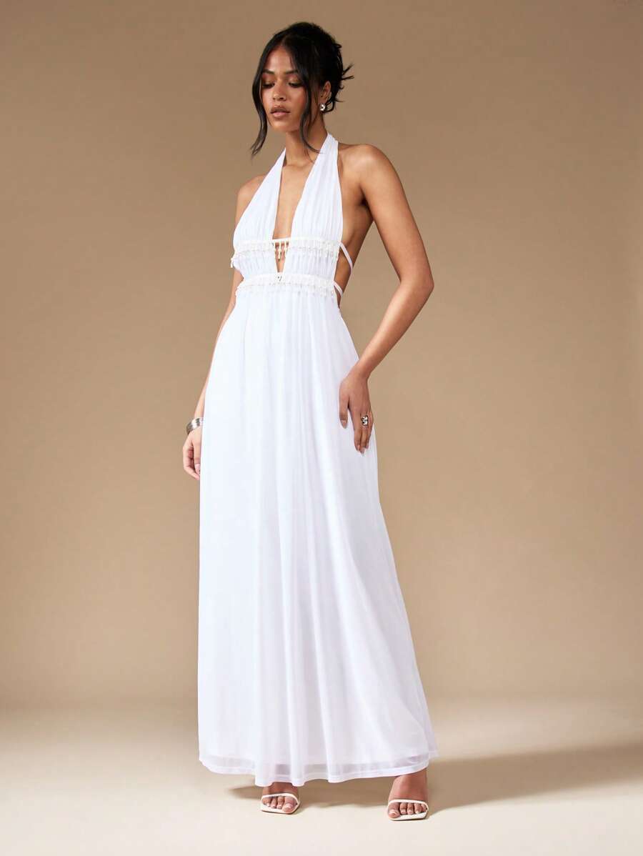 missguided backless dress MISSGUIDED Halter Neck Ruched Pearl Beaded Backless Maxi Dress｜MISSGUIDED