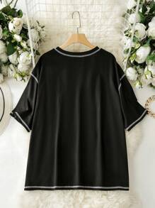 Mulvari Plus Size Casual Contrast Color Stitch Letter Print T-Shirt
