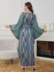 Al Najma Ramadan Women's Geometric Printed Batwing Sleeve Kaftan,Modest - Green - View 2