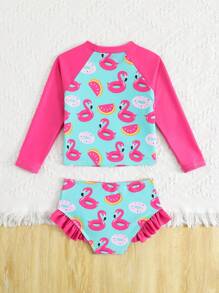 Young Girl Flamingo And Donut Print High Neck Ruffle Trim Tankini Summer Beach,Girls Surf Suit