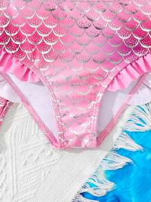 SHEIN Conjunto de tres piezas de traje de baño para niñas con estampado de escamas de pez, volantes y falda cover-up de playa - Multicolor - Ver 5