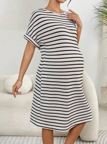 SHEIN Pregnant Women Striped Round Neck Short Sleeve Straight Casual Loose Midi Dress - Black - View 6