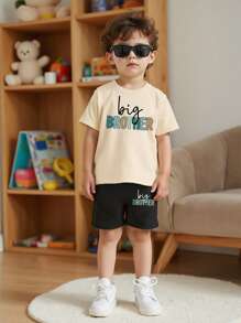2 件/套年轻男孩休闲时尚彩色字母标语图形印花短袖 T 恤和短裤套装，搭配兄弟姐妹装（2 套单独出售） - 彩色 - 查看 3