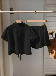 Comfortcana 2 件套大码女式纯色系带前衬衫配短裤，夏季