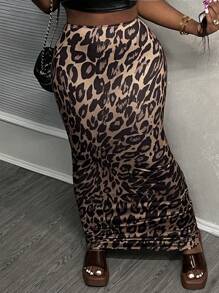 SHEIN Tall CURVE Chân váy dài nữ cỡ lớn, lưng thun, họa tiết da báo, kiểu dáng thường ngày, thích hợp cho mùa xuân. - màu nâu - Xem 5