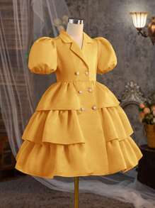 Young Girl Plain Collar Puff Sleeve Fitted Casual Dress - Gold - View 4