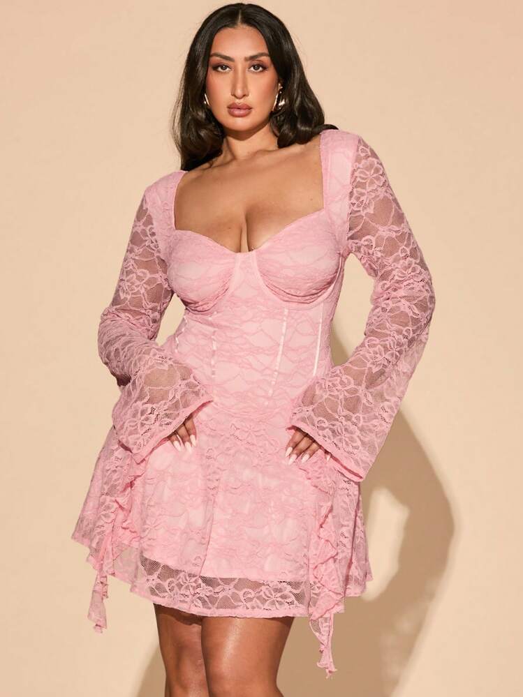 SHEIN BAE Vestido de verano rosa de talla grande para mujer, vestido de encaje elástico con corsé para vacaciones en la playa, fiesta de cumpleaños, vacaciones, vestido elegante de manga larga, dulce y sexy - Rosa - Añade 1