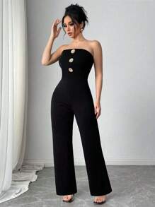 INAWLY Fashion Commuter Metal Buckle Decor Jumpsuit