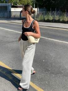 SHEIN Frenchy Quần cạp rút dây màu trơn cho nữ, tối giản và thời trang - Màu be - Xem 5